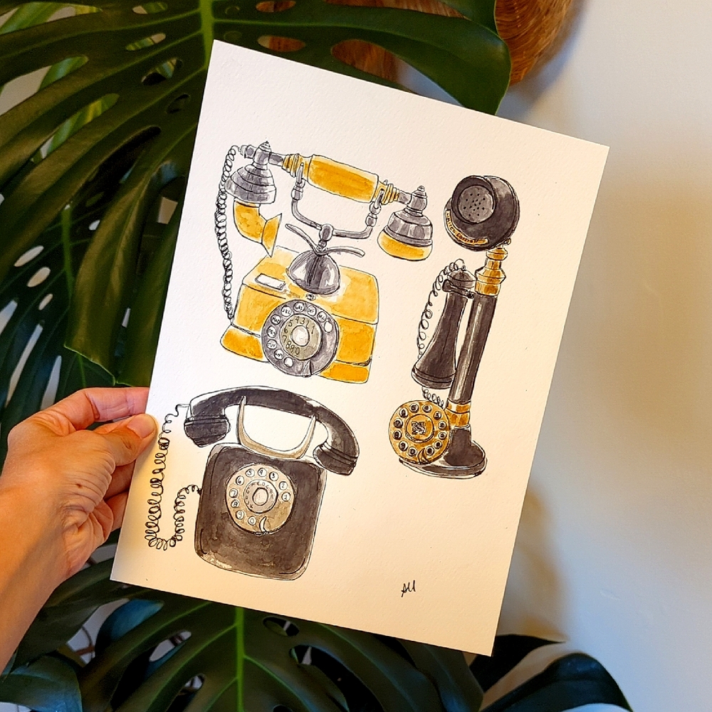 Vintage Telephone Art Print - Yellow and Black